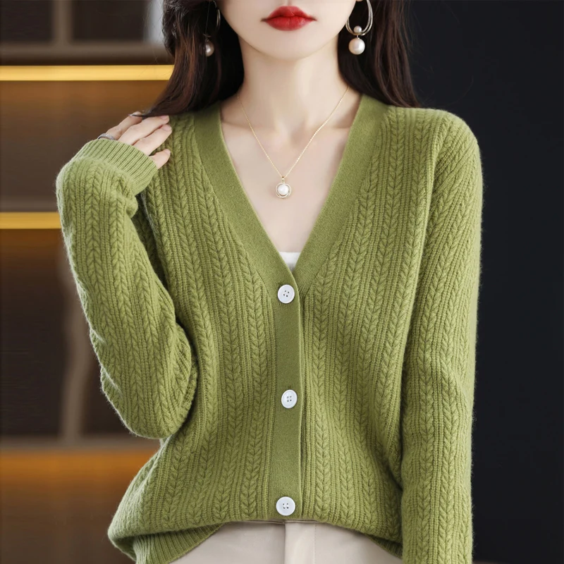

New cashmere sweater in autumn and winter women's V-neck cardigan casual twist knit top 100% pure wool women's coat