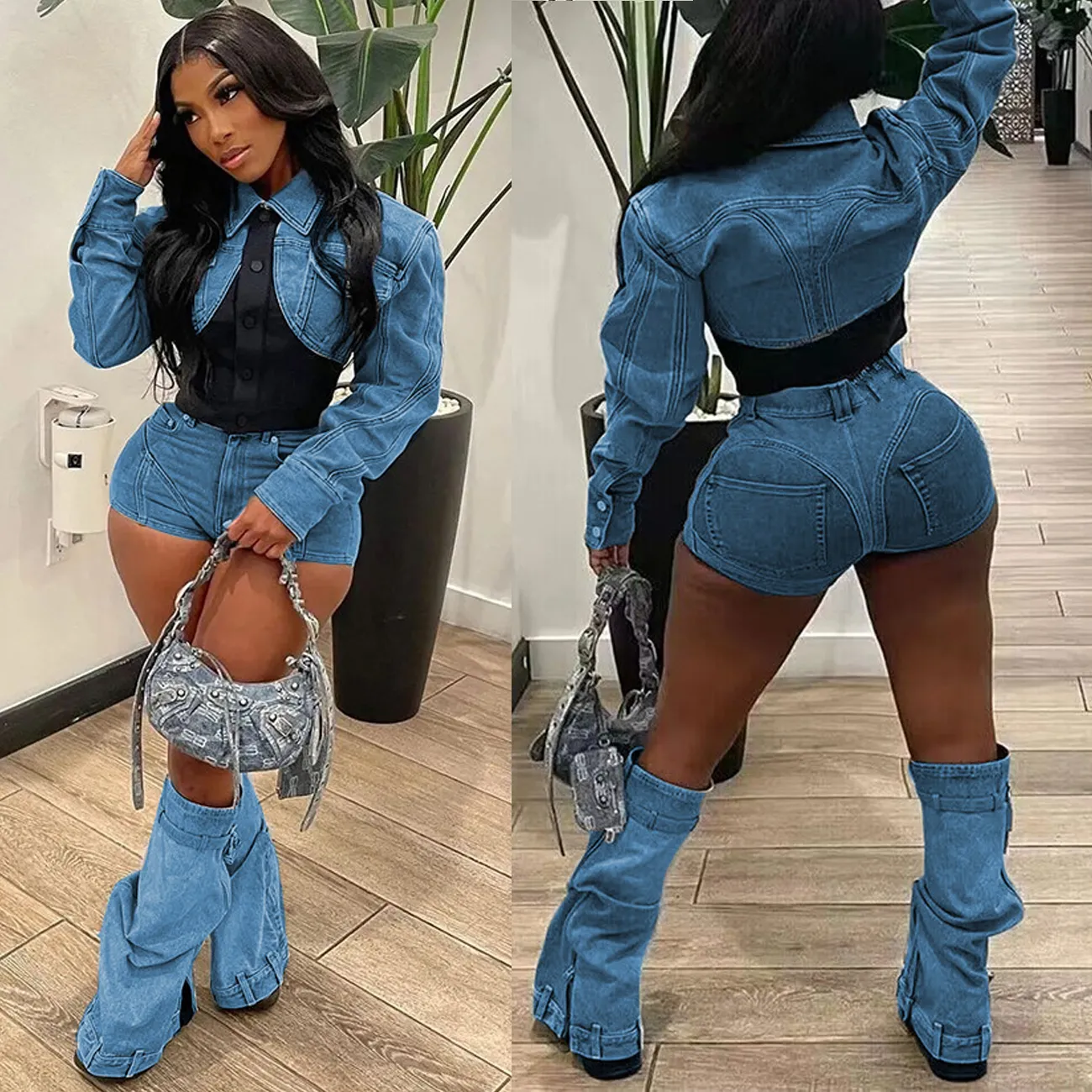 Sexy Denim Jean 2 Piece Matching Pant Set Outfits 2023 Summer Women Clothes Y2K Biker Shorts Suits Sets Cropped Tops Tracksuit