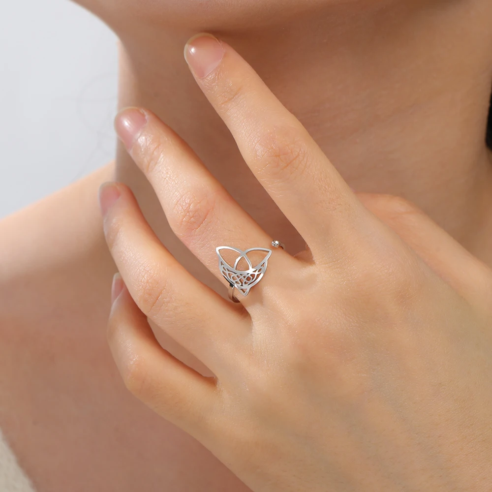 Dawapara Triquetra Filigran Halbmond-Ring Verstellbarer Dreifaltigkeitsknoten Glückssymbol Edelstahl Ehering Schmuck – Detail 7