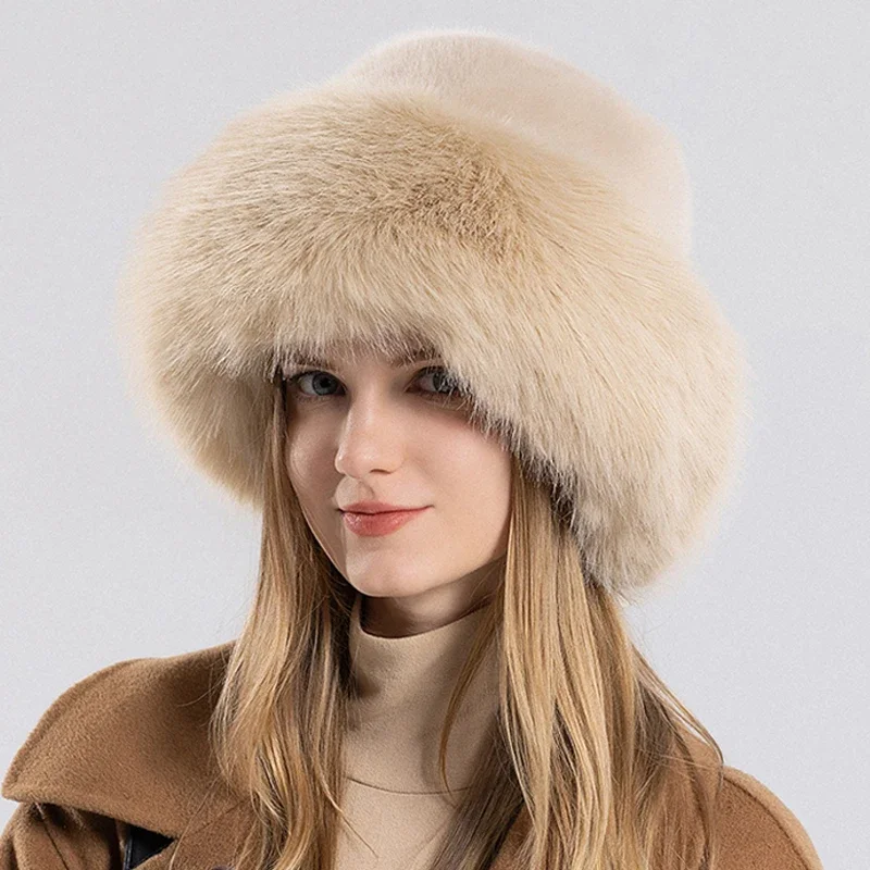 Women Bucket Hat Women Hat Women Winter Hat Thickened Artificial Rabbit Hair Bucket Hat Warm Earwarmer Earmuff Russia Cossack Fur Outdoor Ski Cap