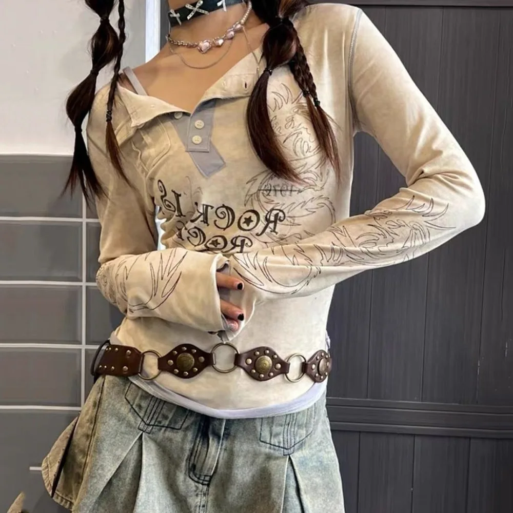 

Футболка женская хлопковая с длинным рукавом, винтажная в стиле панк, базовая в американском стиле, Готическая рубашка в стиле Харадзюку, 2 шт., Y2k, 90s