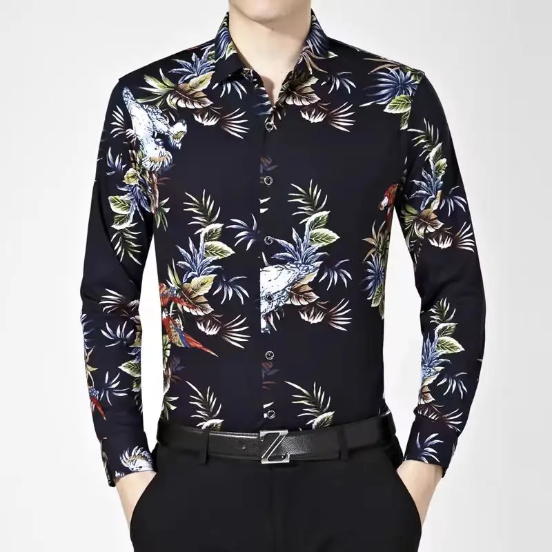 

Hawaiian men's long sleeved shirt, comfortable and casual 3D floral print beach shirt, XS-6XL