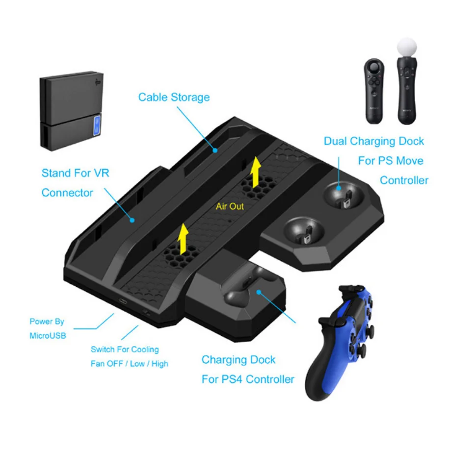 Dobe Tp4-888 Per Sony Ps4 Slim Pro Supporto Di Raffreddamento Verticale Multifunzionale Controller Stazione Di Ricarica Vr Showcase Stand