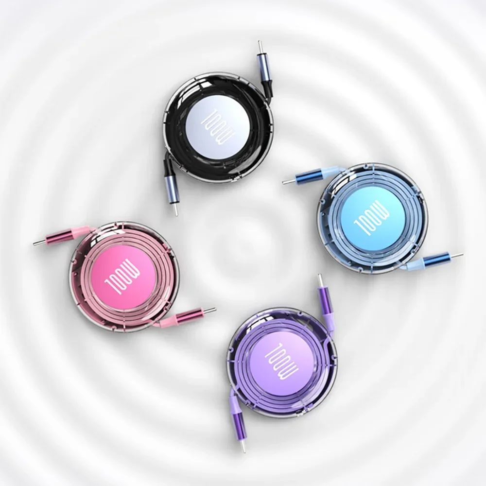 100W 6A USB-C Retractable Fast Charge Cable 1M Quick Charge For USB C Devices MacBook iPad iPhone Samsung Xiaomi Huawei