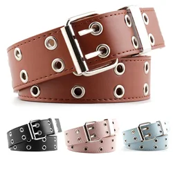 Children Punk Chain Belt Women Men Double Single Eyelet Grommet Metal Buckle Leather Waistband for Jeans Kids Girl Boy Belt