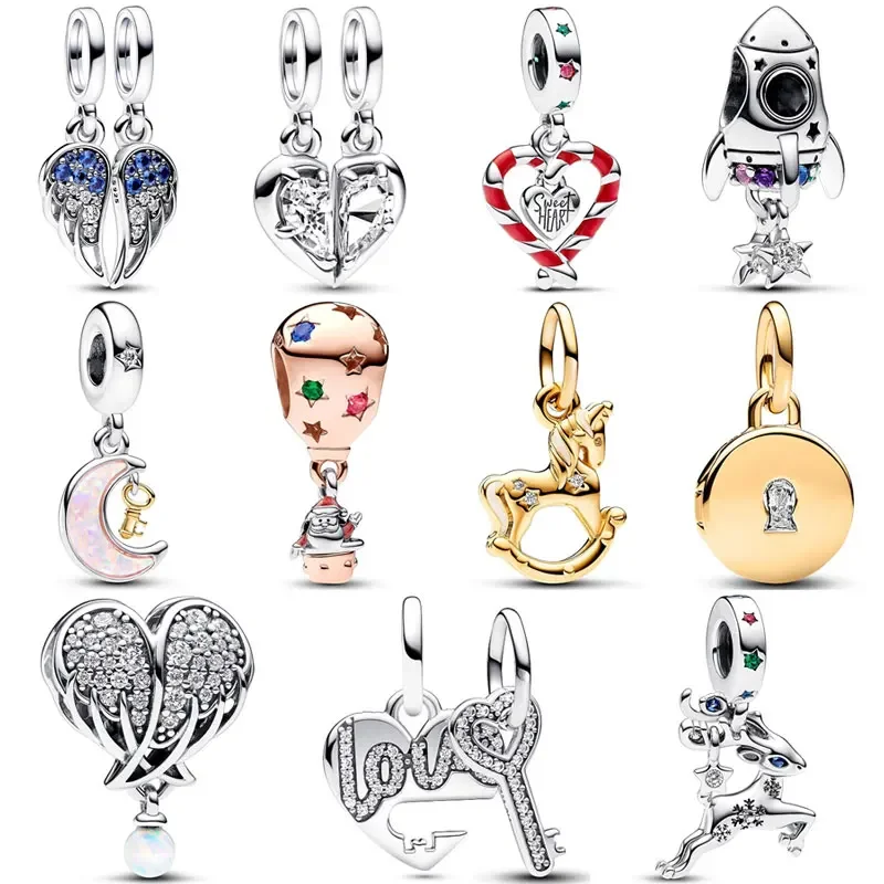 

Sparkling Angel Wings Key & Moon Santa Space Love Rocket Pendant Bead 925 Sterling Silver Charm Fit Europe Bracelet DIY Jewelry