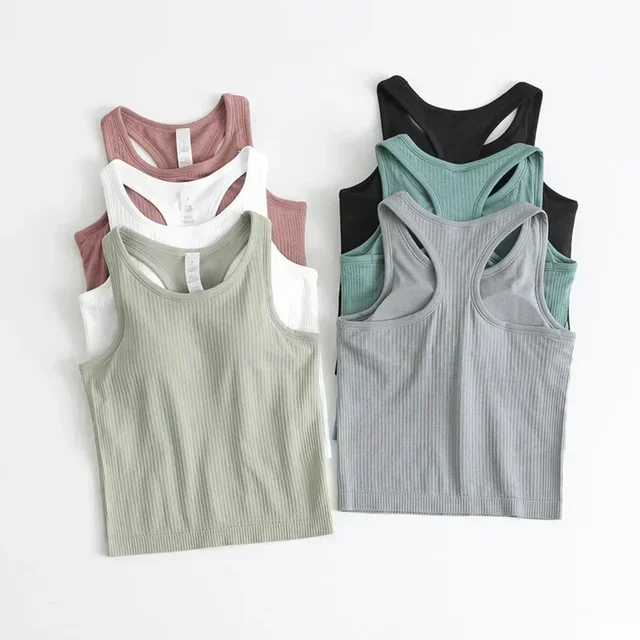 Custom Logo Racerback Tank Top Women Fitness Sleeveless Cami Sports Shirt Slim Ribbed Running Gym Crop Vest Built In Bra Top