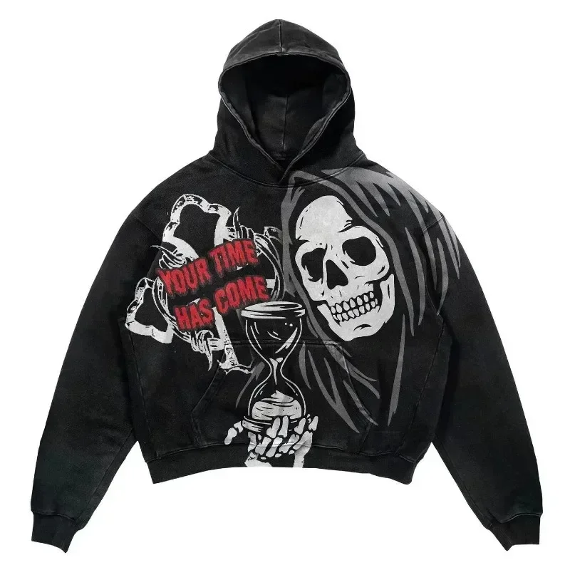 Retro hooded sweatshirt skull print flame Y2K retro hooded pullover jacket street style goth casual fashion men's Harajuku top