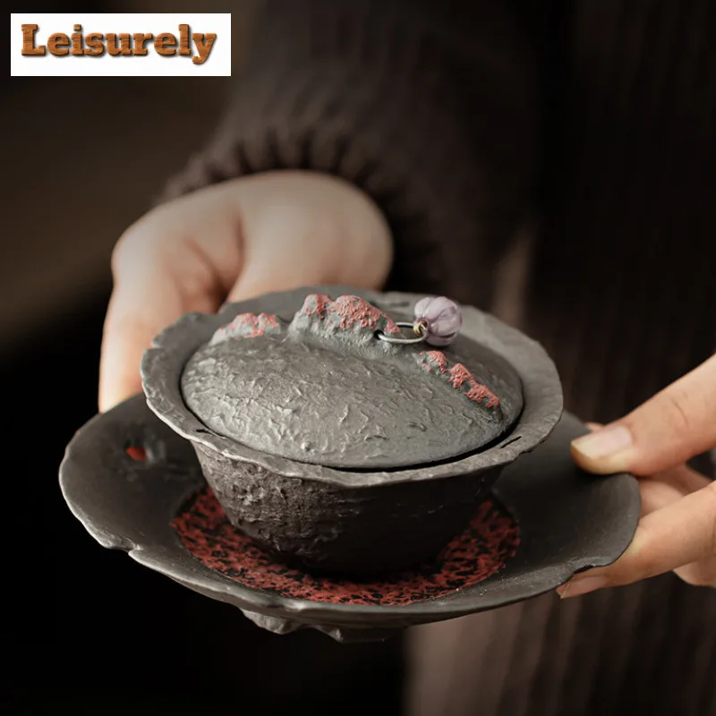 150ML Creative Flame Mountain Old Rock Mud Gaiwan Tea Tureen Tea Bowl With Lid Kit Tea Brewing Cover Bowl Teaware Decoration
