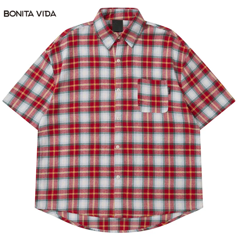 

Oversized Cotton Plaid Shirt Men Summer Harajuku Y2K Loose Short Sleeve Hip Hop Casual Shirts Korean Style Clothes