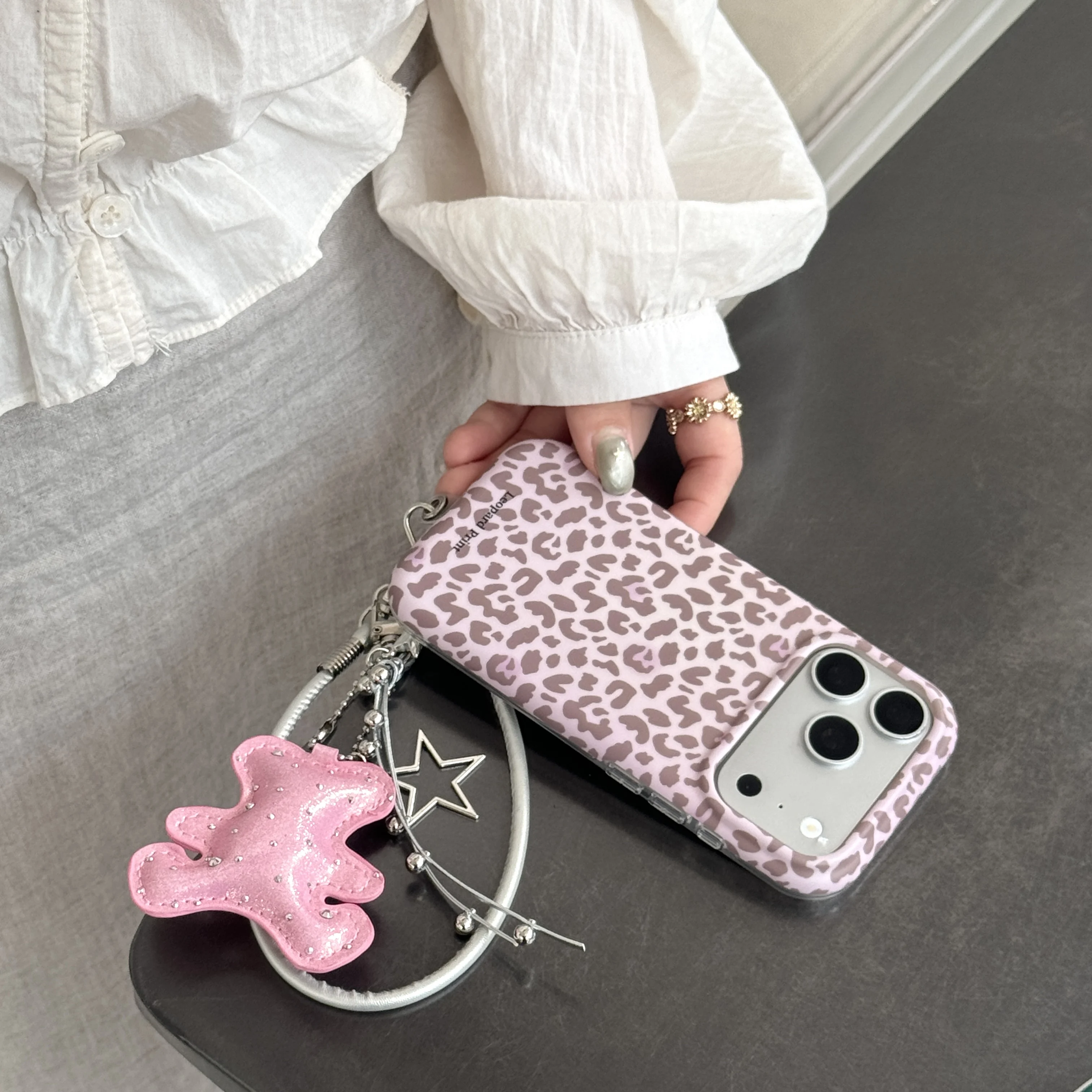 Retro Mint Green & Pink Leopard Print Matte Phone Case with Bear Star Lanyard