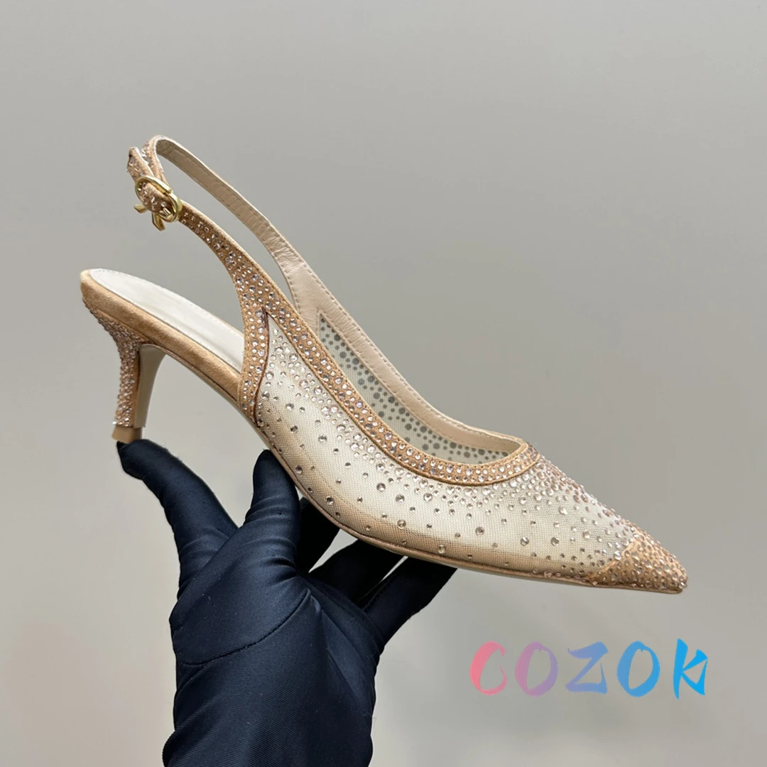 Sexy Gold Mesh Pointed Toe Crystal Inlaid Slingbacks Back Trip Strap Dress Shoes Women Large Size High Heel Sandals Summer