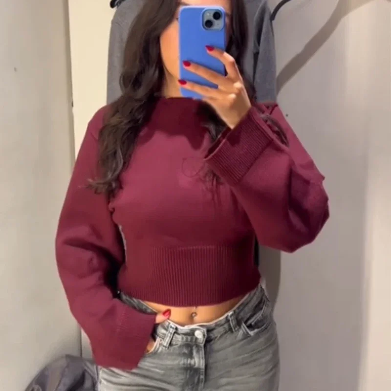 Vintage Solid O-Neck Cropped Sweater Pullover For Women Casual Long Sleeved Loose Jumper Female 2025 Spring Lady High Streetwear