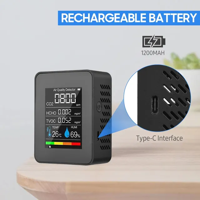 Rilevatore Qualità Aria - Monitor CO2, TVOC, Temperatura E Umidità, Ricarica USB, Per Casa E Ufficio - Foto 7