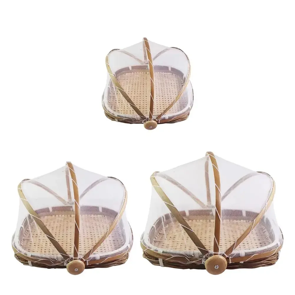Hand-Woven Bamboo Food Serving Tent Basket Tray Fruit Vegetable Bread Storage Basket Kitchen Outdoor Picnic Mesh Net Cover 3