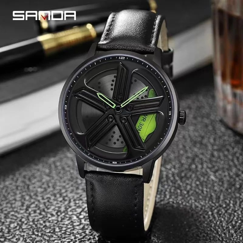 

Sanda 1106 Hot Selling Car Wheel Design Rotating Dial Water Resistant Quartz Movement Business Men Fashion Analog Wrist Watch