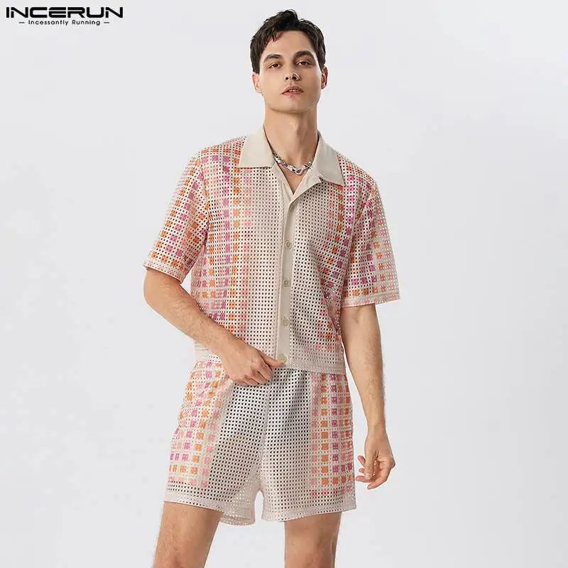 INCERUN 2023 American Style Men's Sets Vacation Hollowed Mesh Short Sleeved Shirt Shorts Casual See-through Two-piece Sets S-5XL