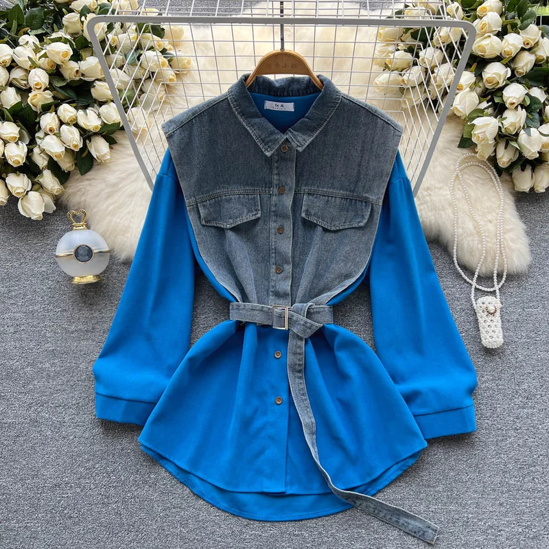 

WAKUTA Slim Waist Denim Patchwork Mini Shirts Dress Women Streetwear Harajuku Fashion Long Sleeve 2024 Casual Females Dresses