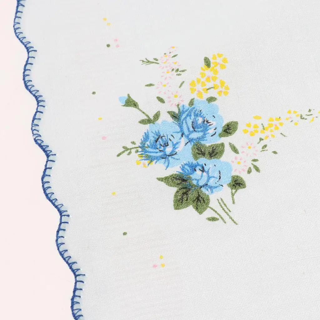 10x Women Cotton Printed Handkerchief Hanky Kerchiefs Pocket Square Blossom Design with Wavy Edge Women Handkerchiefs