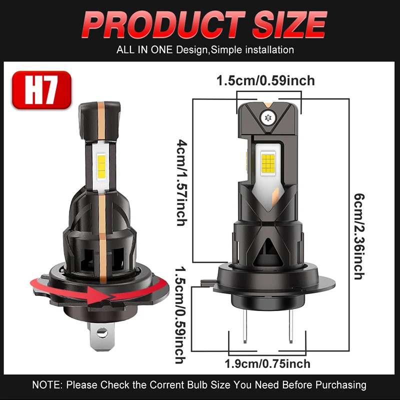 듀얼비전 H7 소켓 베이스 LED 자동차 헤드라이트 300W 고출력 터보 전구 6000K 3면 칩 미니 LED 라이트 무선 팬 포함 12V