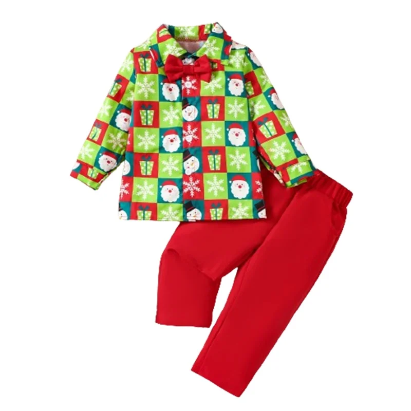 Boys Christmas Pants Sets Long Sleeve Lapel Santa Claus Print Shirt Solid Color Pants Sets