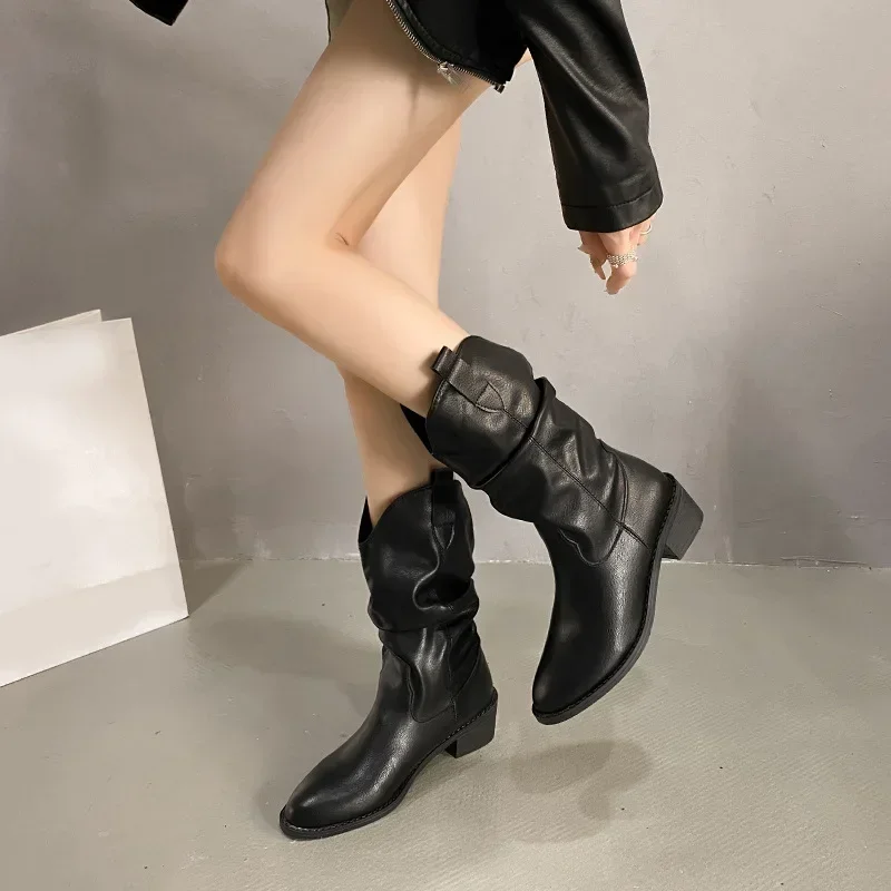 Women's Boots Winter 2024 Fashion Casual Low Heel Non Slip Comfort Waterproof Pleated Leather Boots Cold Resistant Fashion Boots