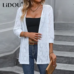 Spring Autumn Loose Casual Hollow Out Lace Cardigan Top Women 3/4 Sleeve Coat Women's Fashion All-match Jacket Female Clothes