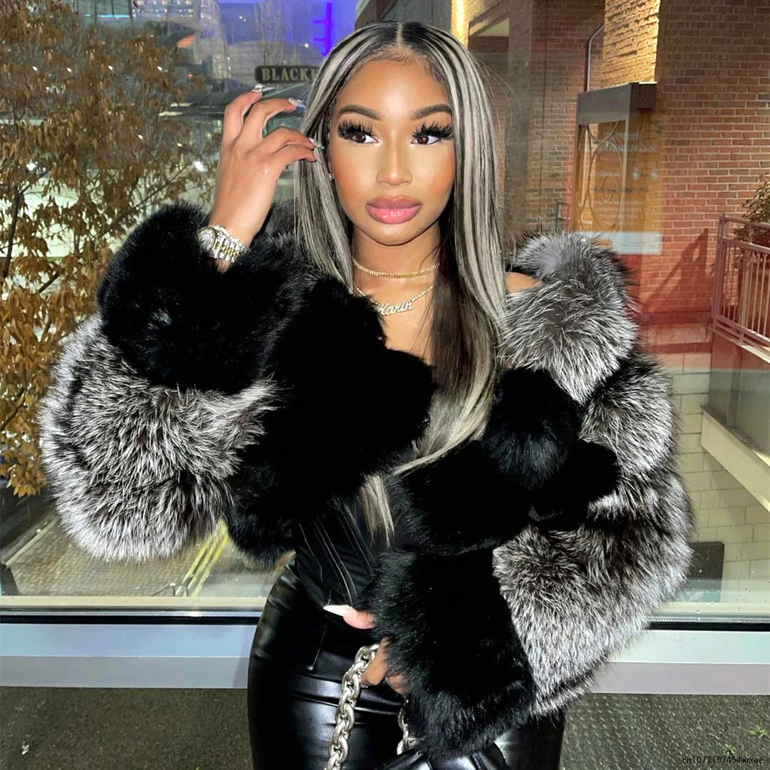 

Fashion Winter High Quality Patchwork Faux Fox Fur Coat Women Elegant Zip Long Sleeve Warm Mink Short Jackets Furry Coat Outwear