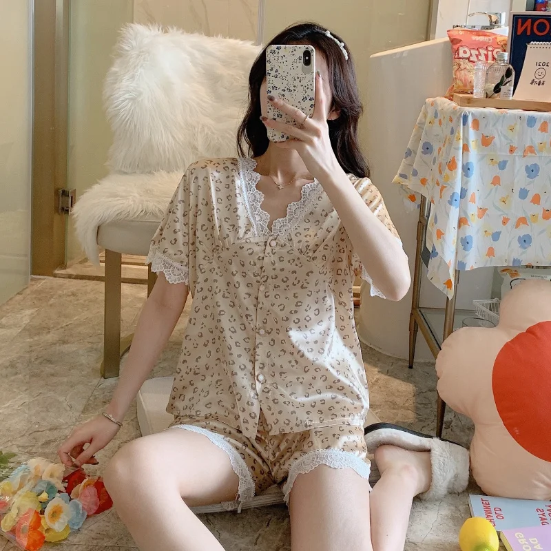 2024 new product trend pajamas sexy lace pure color pajamas women summer thin ice silk short-sleeved casual home service suit