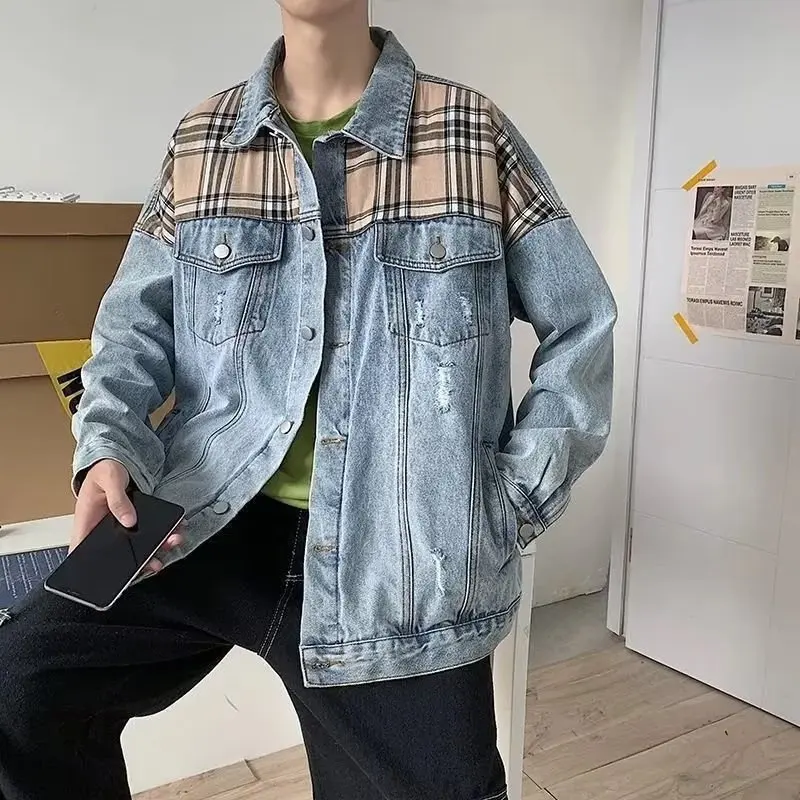 Spring, Autumn Winter Plaid Patchwork Denim Jacket Men's Fashion Ins Loose Jacket Korean Style  Brand Mid-Ancient Distressed