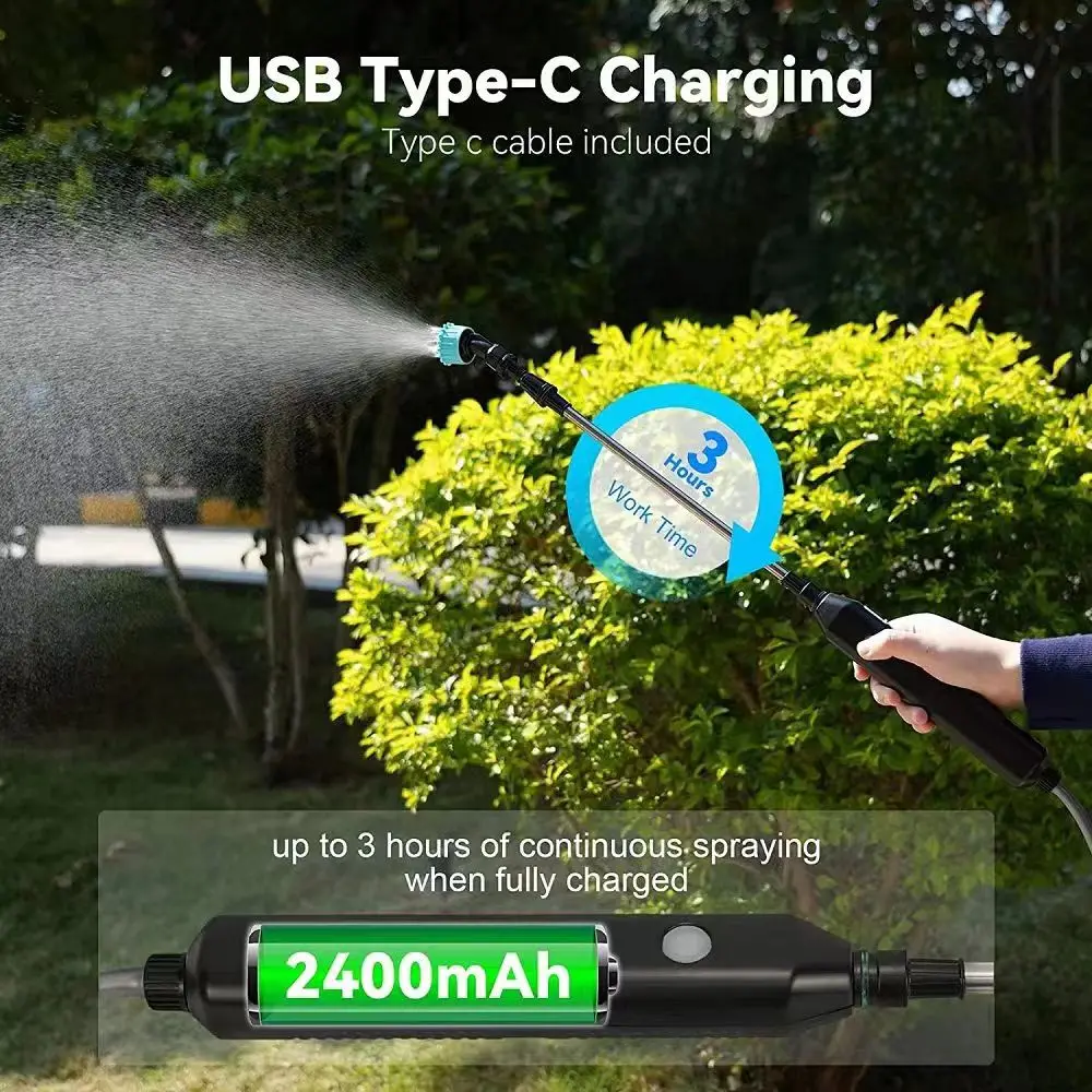 Portable Electric gardening sprayer Irrigation Tool USB 2400mah Rechargeable Telescopic Handle with 3 Nozzles for Yard Plant