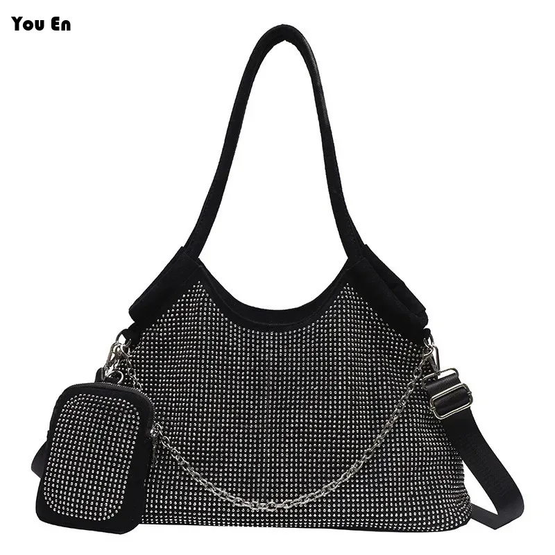 

2024 New Shiny Rhinestone Handbag Large Shopping Fashion Dinner Underarm Shoulder Women's Party Commuter Bag