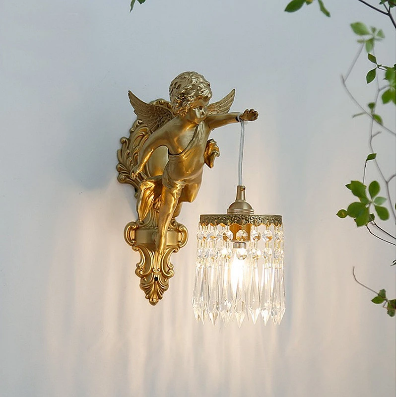 

Nordic Creative Crystal Wall Lamp French Bronze Angel Wall Light Retro Luxury Sconce For Living Room Bedroom Restaurant Corridor