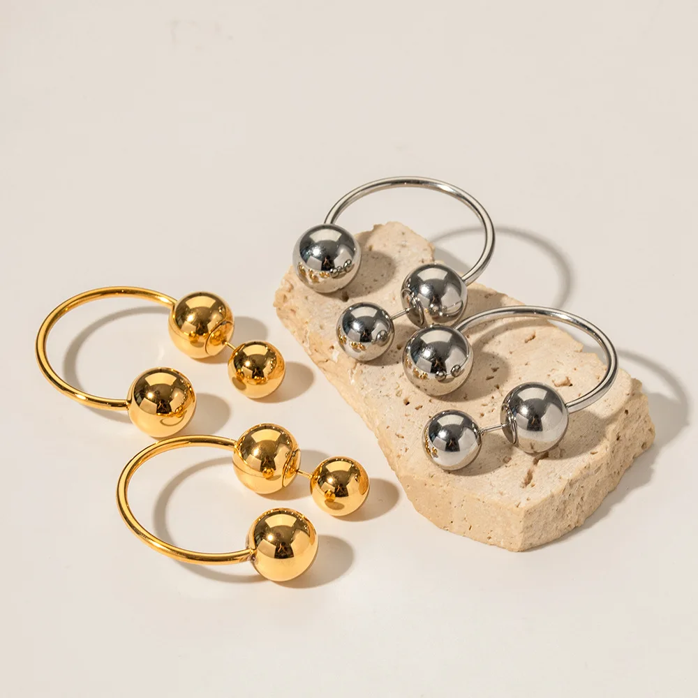 Peri'sbox European and American Trendy Irregular Geometric Front Back Earrings Gold Color Triple Ball Earrings for Women Jewelry Geometric Earrings