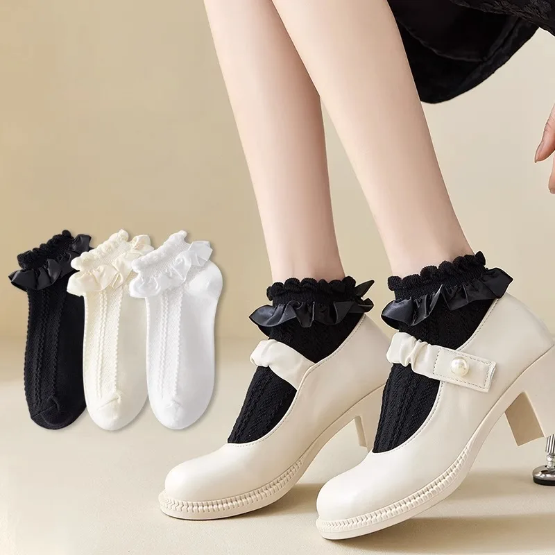 Kawaii Children Ruffle Socks JK Sweet Girls Lolita Cute Princess Cotton Thin Breathable Solid Color Black White Low Tube Socks