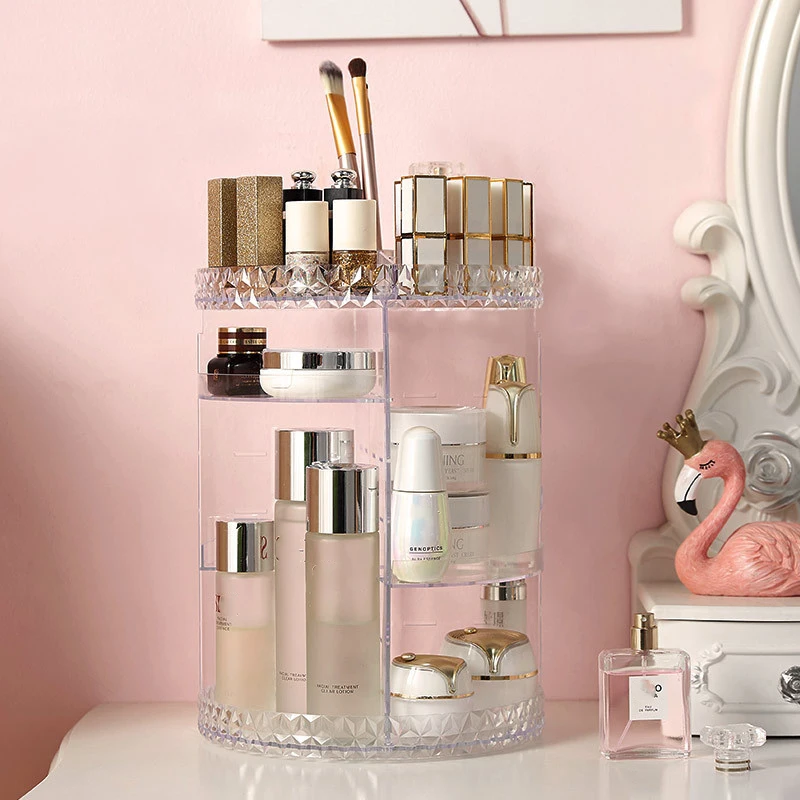 

Transparent Rotary Cosmetic Storage Box, Acrylic, Dressing, Lipstick, Skin Care Brush Shelf, Organizer for Cosmetics