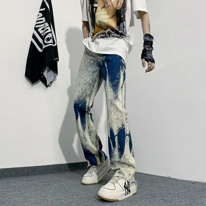 

Street Trendy Asymmetric Tie Die Gradient Design Sense High End Slim Narrow Edition Jeans Zipper Button Pockets Straight Pants