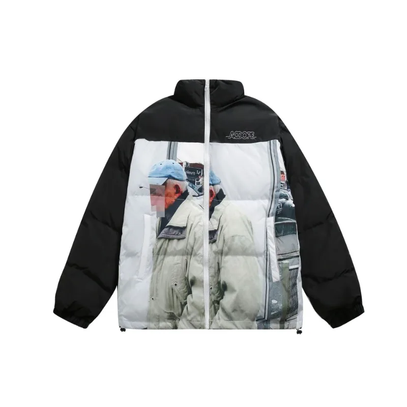 

Американские модные брендовые парки, Лоскутная куртка контрастных цветов с принтом хлеба, уличное модное утолщенное теплое мужское пальто, зимний стиль