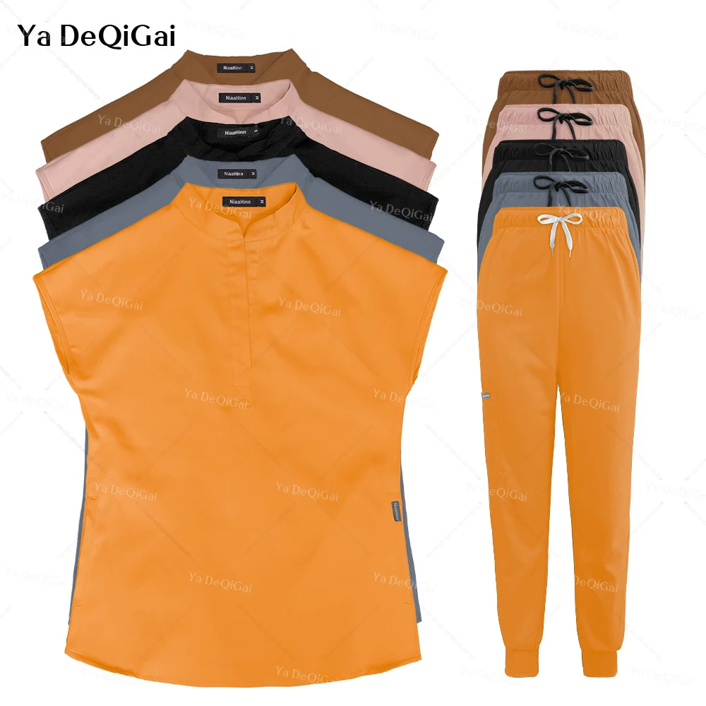 Scrubs Set for Women Pet Hospital Uniform Set Scrub Suits Solid Color Unisex Surgical Gown Pocket V-neck Joggers medical uniform