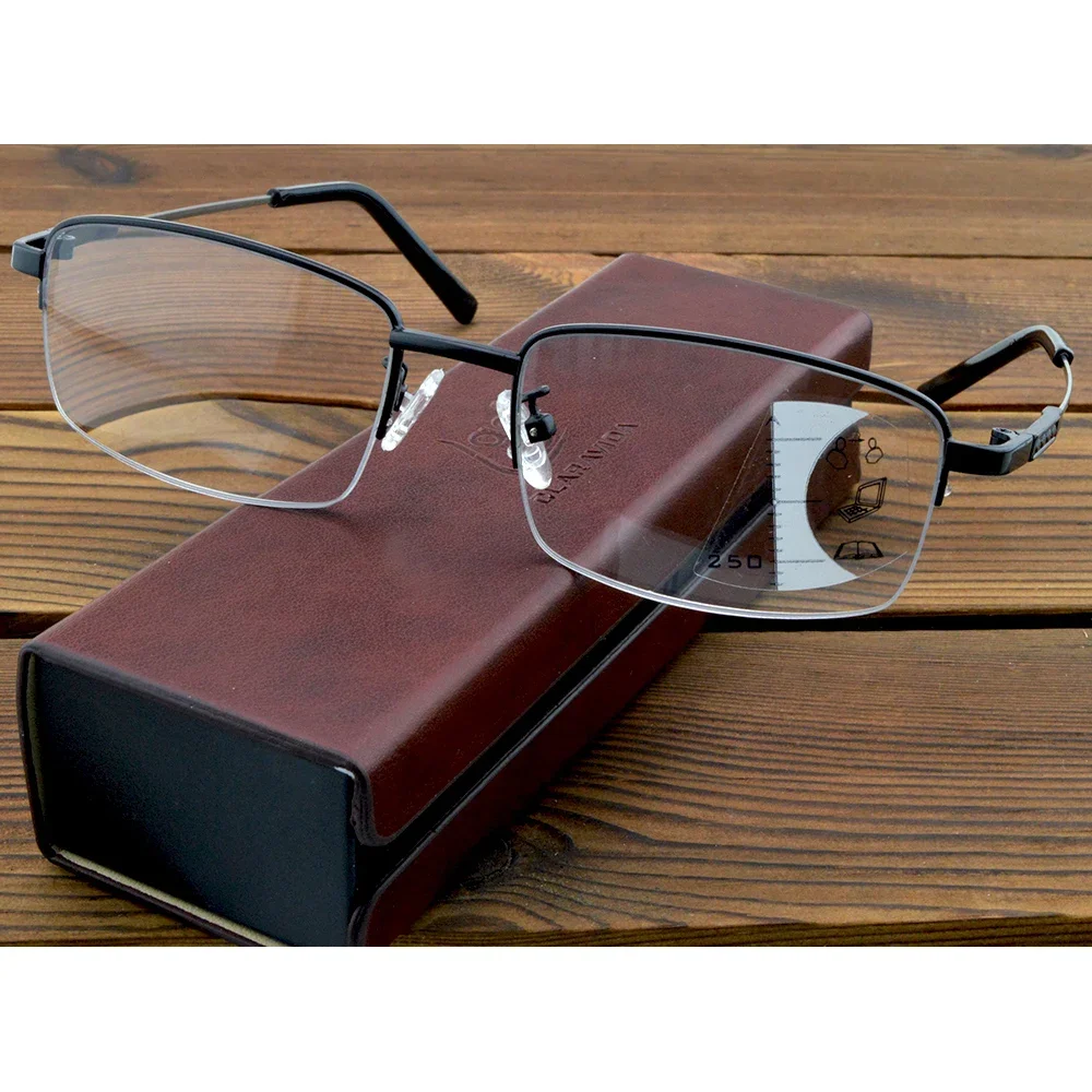 

Half-rim Memory Metal Temples Photochromic Progressive Multifocal Reading Glasses +0.75 to +4 with PU Case in Picture