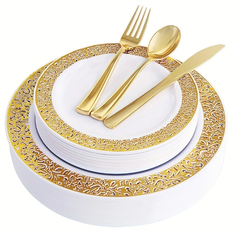 Elegant 100pc Golden Disposable Dinnerware Set - Perfect for Parties & Weddings, Includes Plates & Cutlery, Easy Cleanup