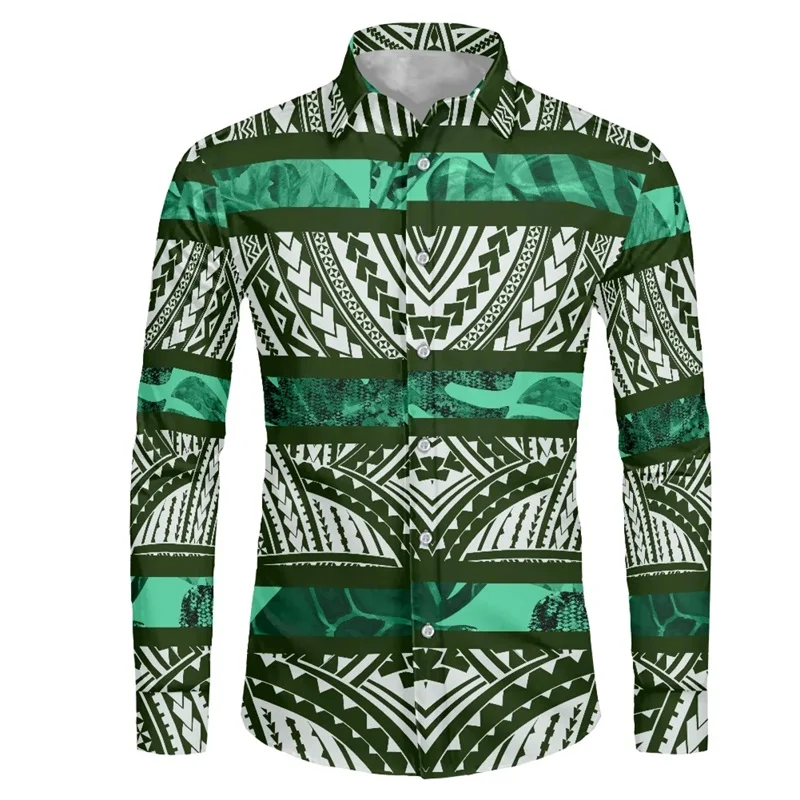 thumbnail image 1 of Camisas hawaianas con estampado 3D de tribu polinesia, camisas casuales de manga larga con cuello alto, blusa con botones para hombre, ropa de otoño, 1 of 4