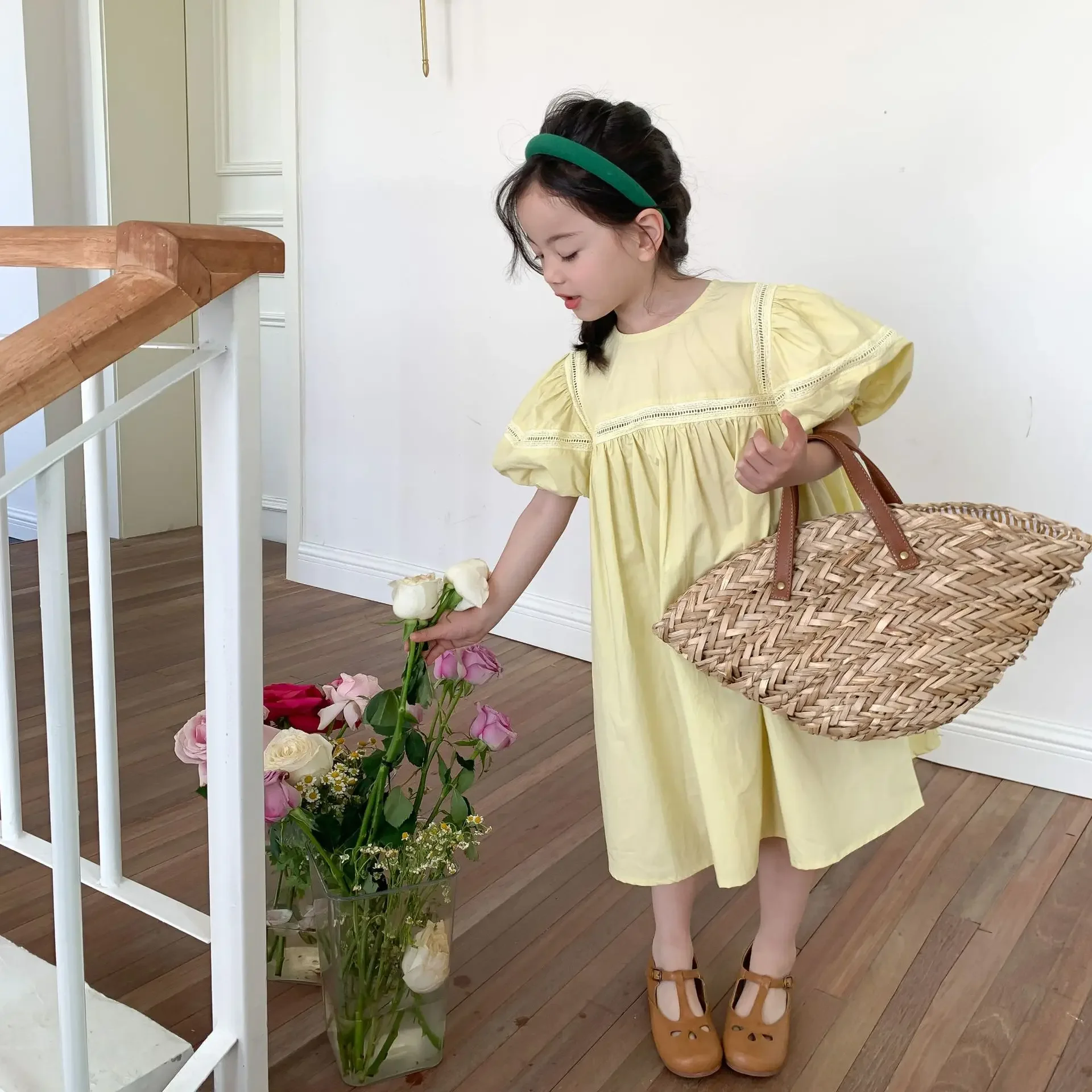 Summer 2-7 Year Korean Baby Girls Dress Puff Short Sleeve Solid Color Princess Children Girls Dress Draped Kid