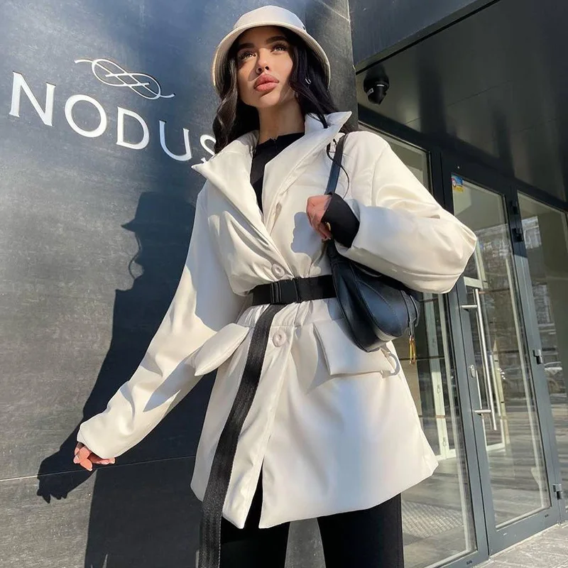 

Autumn and Winter Waist Mid-length 2021 Fashion Padded Jacket with Lapel Temperament Pure Color Bright Face Long-sleeved Jacket