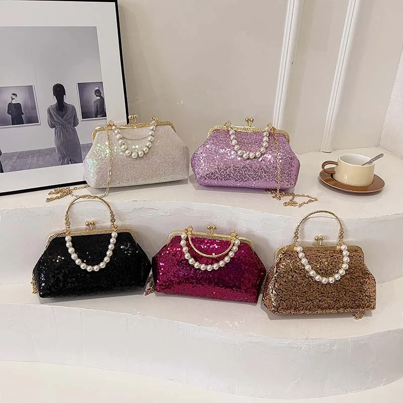 Pearl Chain Top Handle Sequins Clutch Handbag for Women Fashion Lady Glitter Wedding Evening Party Messenger Purse Shoulder Bag