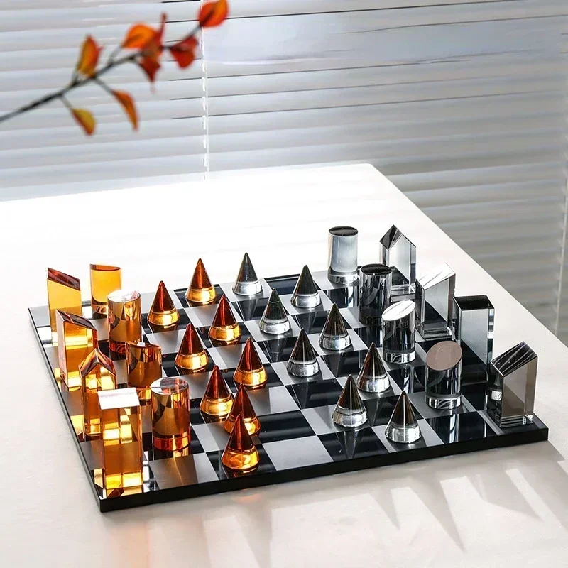 B-M Geometric Crystal Chess Chessboard Clear Glass Chess Piece Color Square Decorative Figurines Home Decoration Accessories