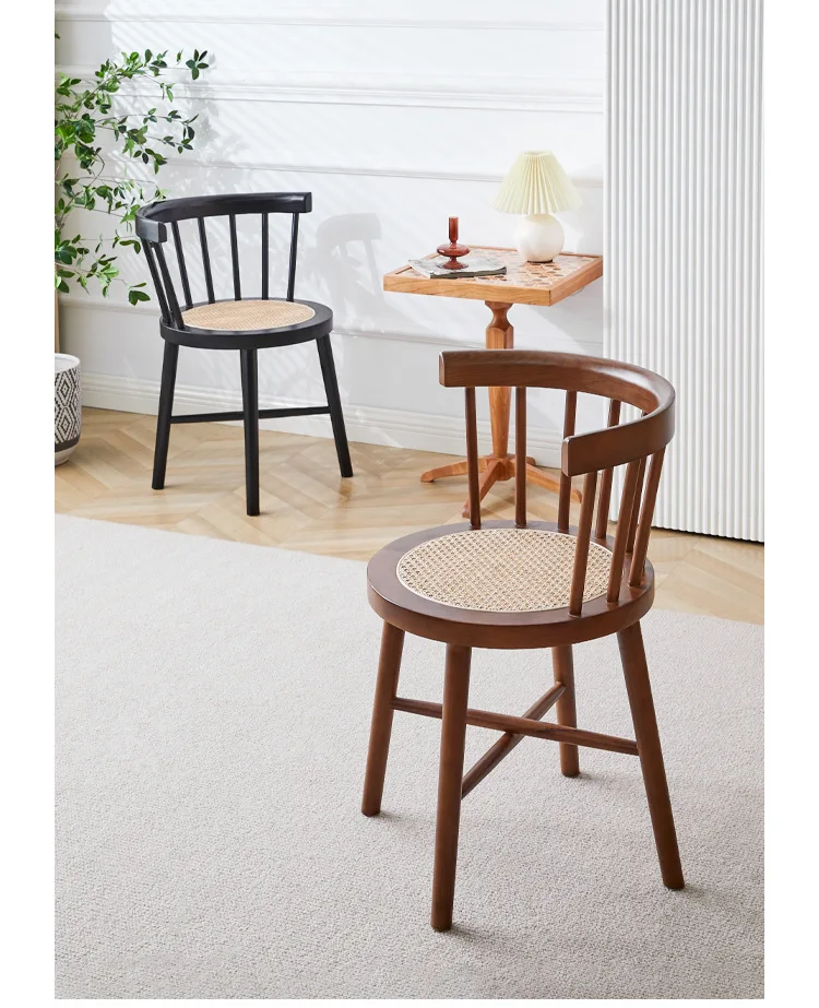 X&D Nordic Japanese Style Solid Wood Wicker Windsor Dining Chair Home Retro Leisure Backrest Chair Solid Wood Wicker Round Chair