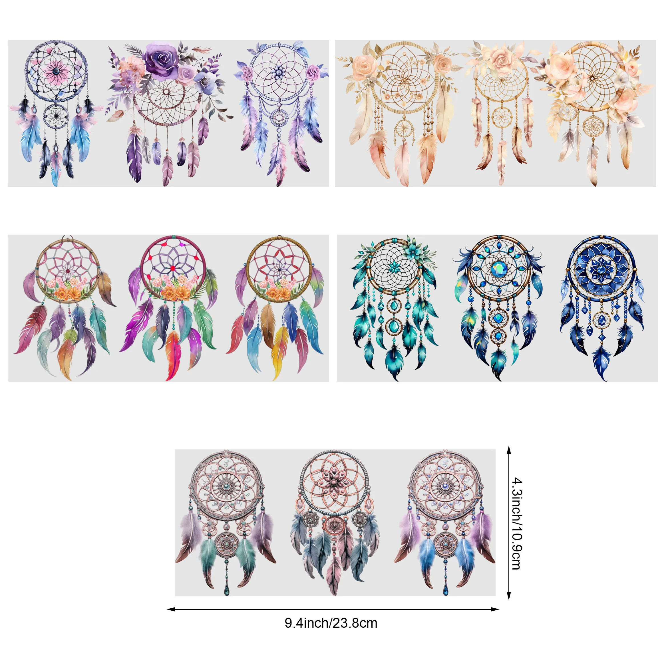 5 sheets Feathers Bohemian Dream Catcher UV DTF Cup Stickers,DTF Transfer Stickers,Wipe-On Transfer Film for 16 oz Glass, Mugs,