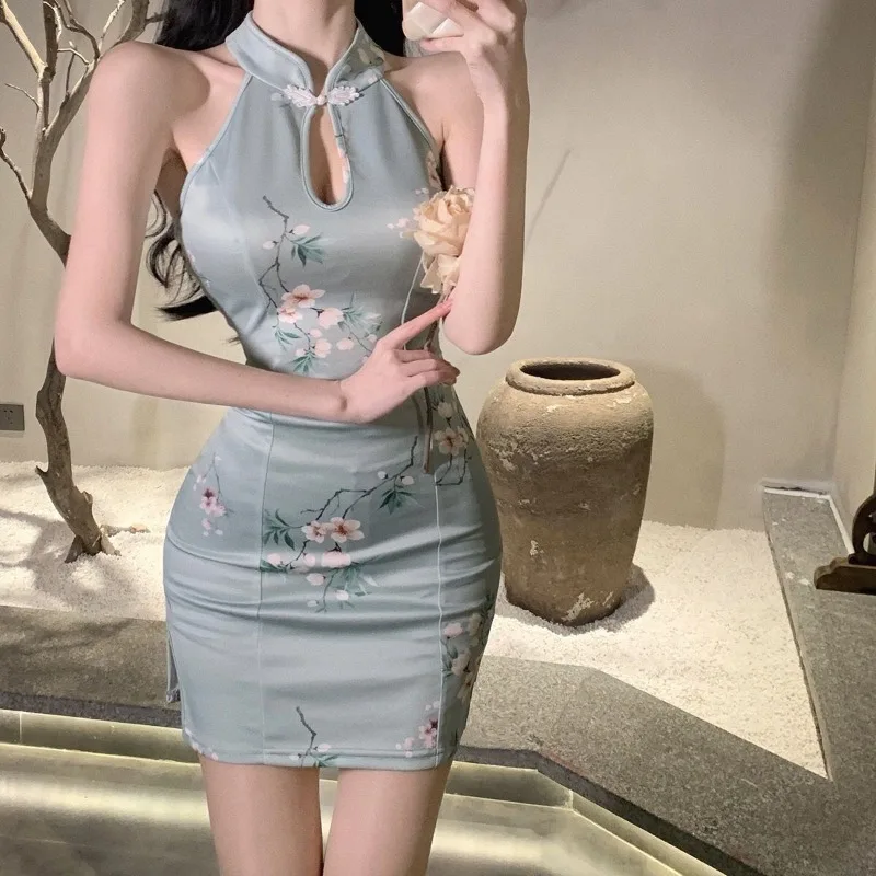 Plus Size Modified Cheongsam Temperament Retro Chinese Style Qipao Dress Sleeveless Backless Split Mini Dresses 150Kg chinese dress