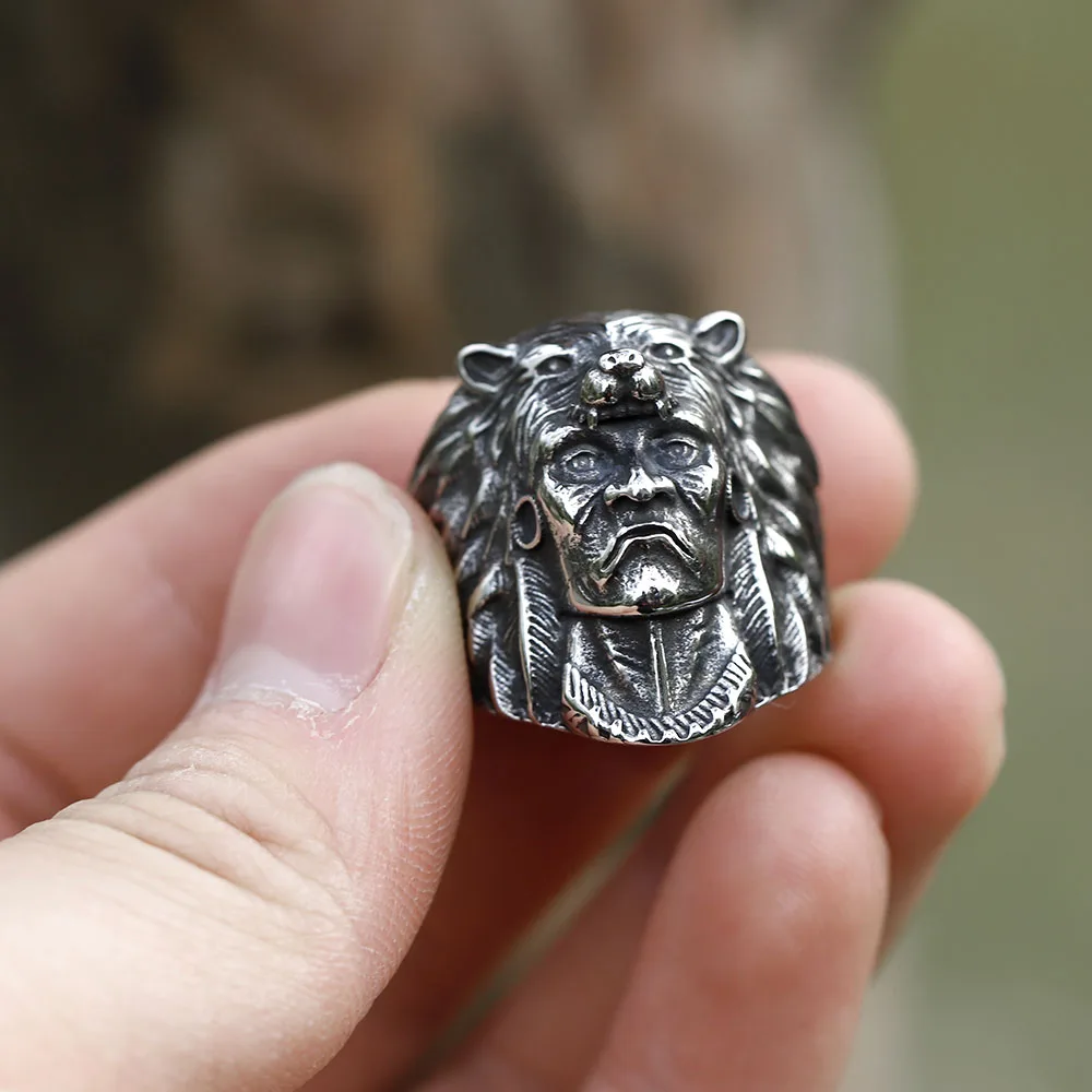 2022 NEW Men's 316L stainless-steel rings Vintage Indian Warrior Biker with  wolf Animal Ring Religion Jewelry ree shipping